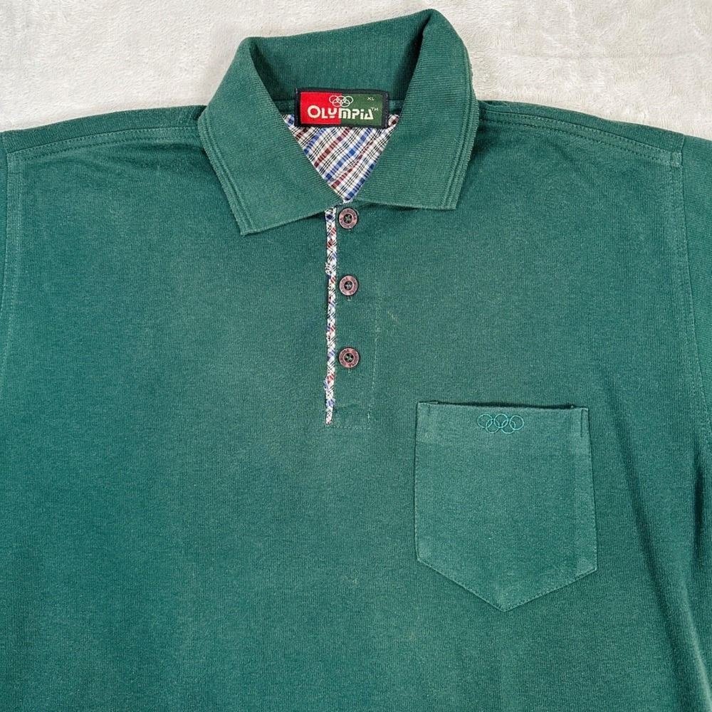 VTG Olympia Shirt Mens XL Polo Forest Green Short Sleeve Pocket Plaid Trim Y2K